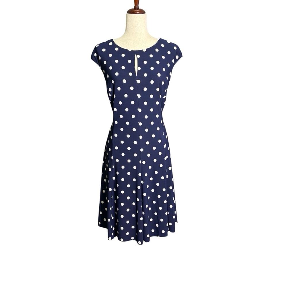 Ralph Lauren Navy & White Polka Dot Fit-and-Flare Midi Dress Size 12 1265